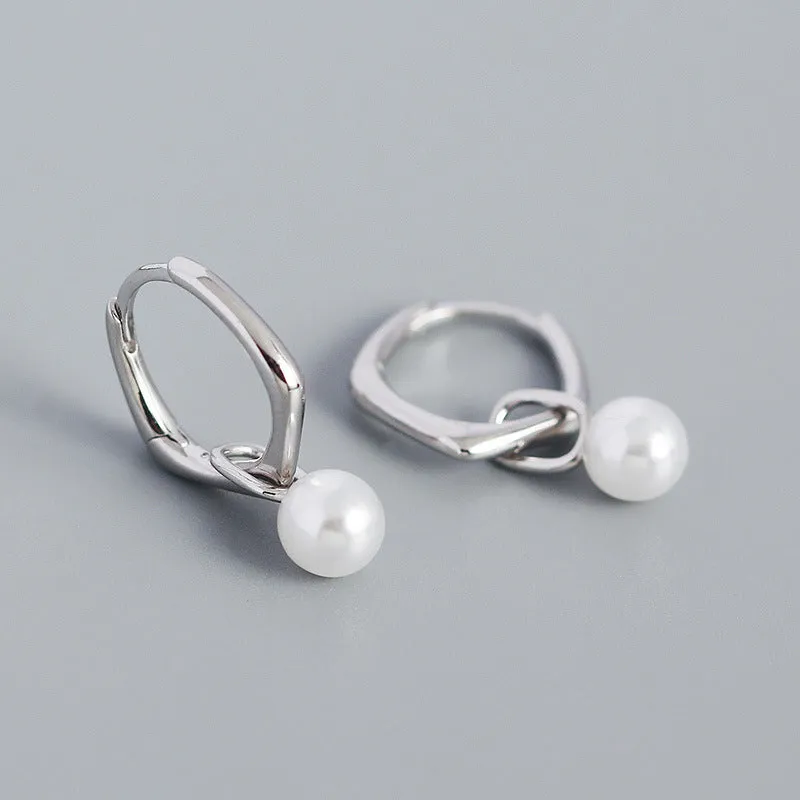 simple s925 silver geometric retro pearl hoop ear buckle wholesale