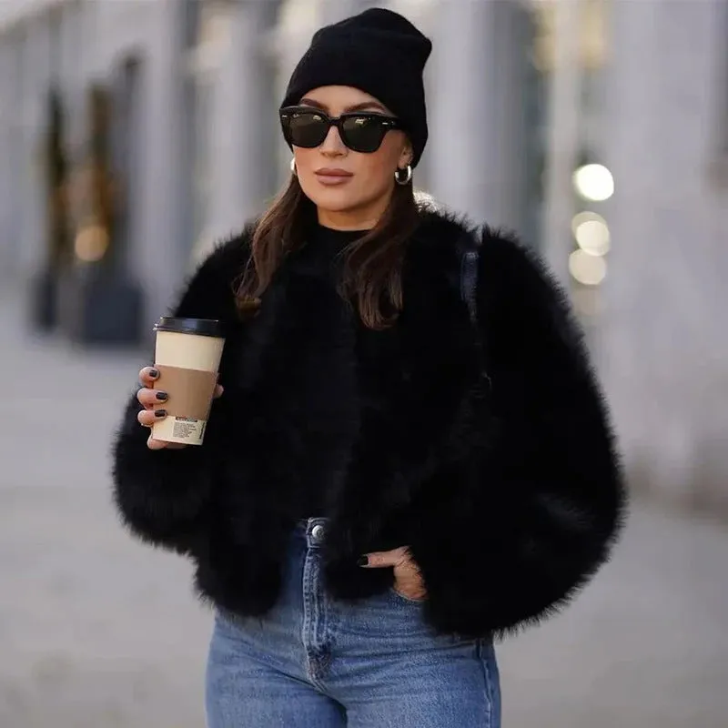 Solid Faux Graceful Fur Collar Jacket