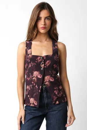 Stassi Sleeveless Partial Button Down Floral Print Top Brown