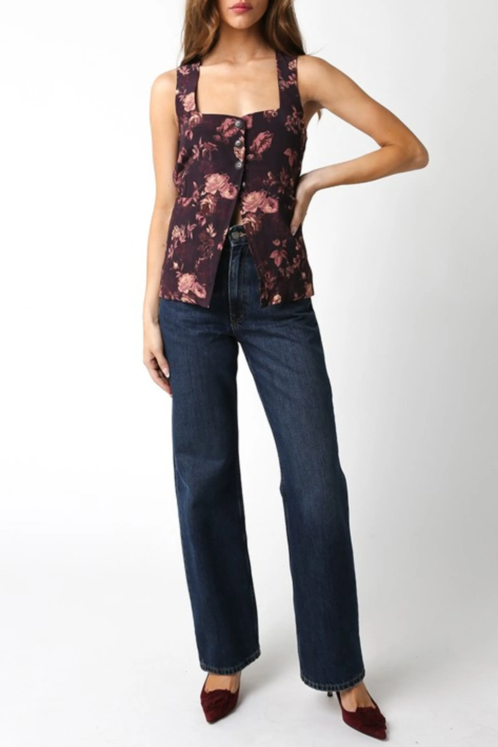 Stassi Sleeveless Partial Button Down Floral Print Top Brown