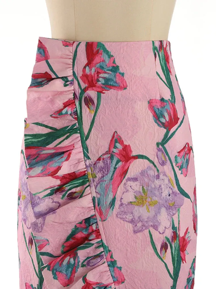 Summer Pathcwork Ruffles Split Skirts For Women High Waist A Line Bodycon Skirt Female Fashion Style Clothing
