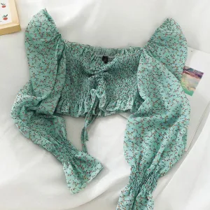 Summer Women Shirt Blouse Long Sleeve Printing Flower Square Neck Blouse Tops