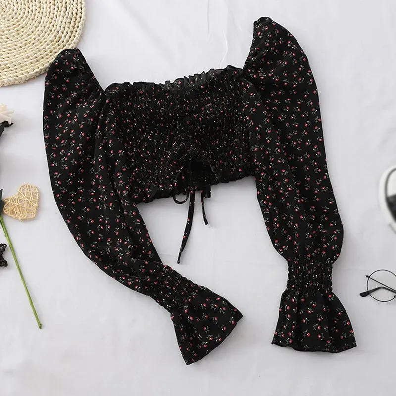 Summer Women Shirt Blouse Long Sleeve Printing Flower Square Neck Blouse Tops