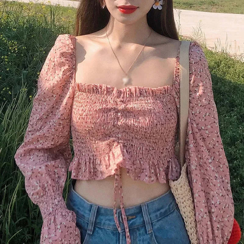 Summer Women Shirt Blouse Long Sleeve Printing Flower Square Neck Blouse Tops