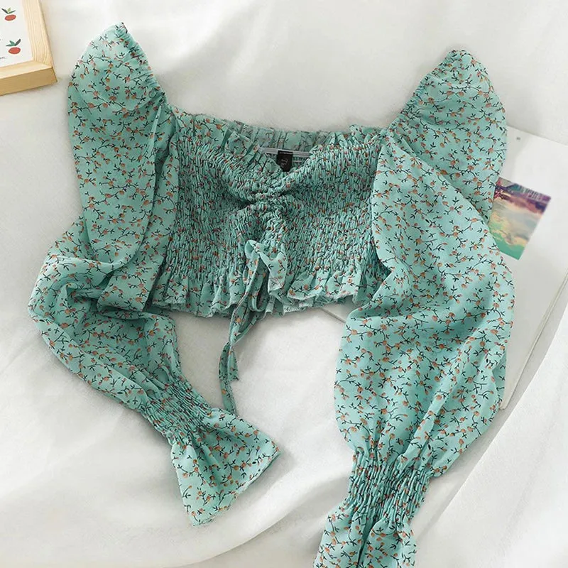 Summer Women Shirt Blouse Long Sleeve Printing Flower Square Neck Blouse Tops