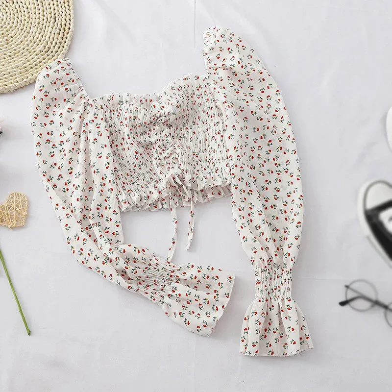 Summer Women Shirt Blouse Long Sleeve Printing Flower Square Neck Blouse Tops