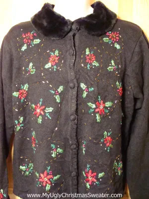 Tacky Ugly Christmas Sweater with Bead Bling Poinsettias and Faux Fur Collar (f259)