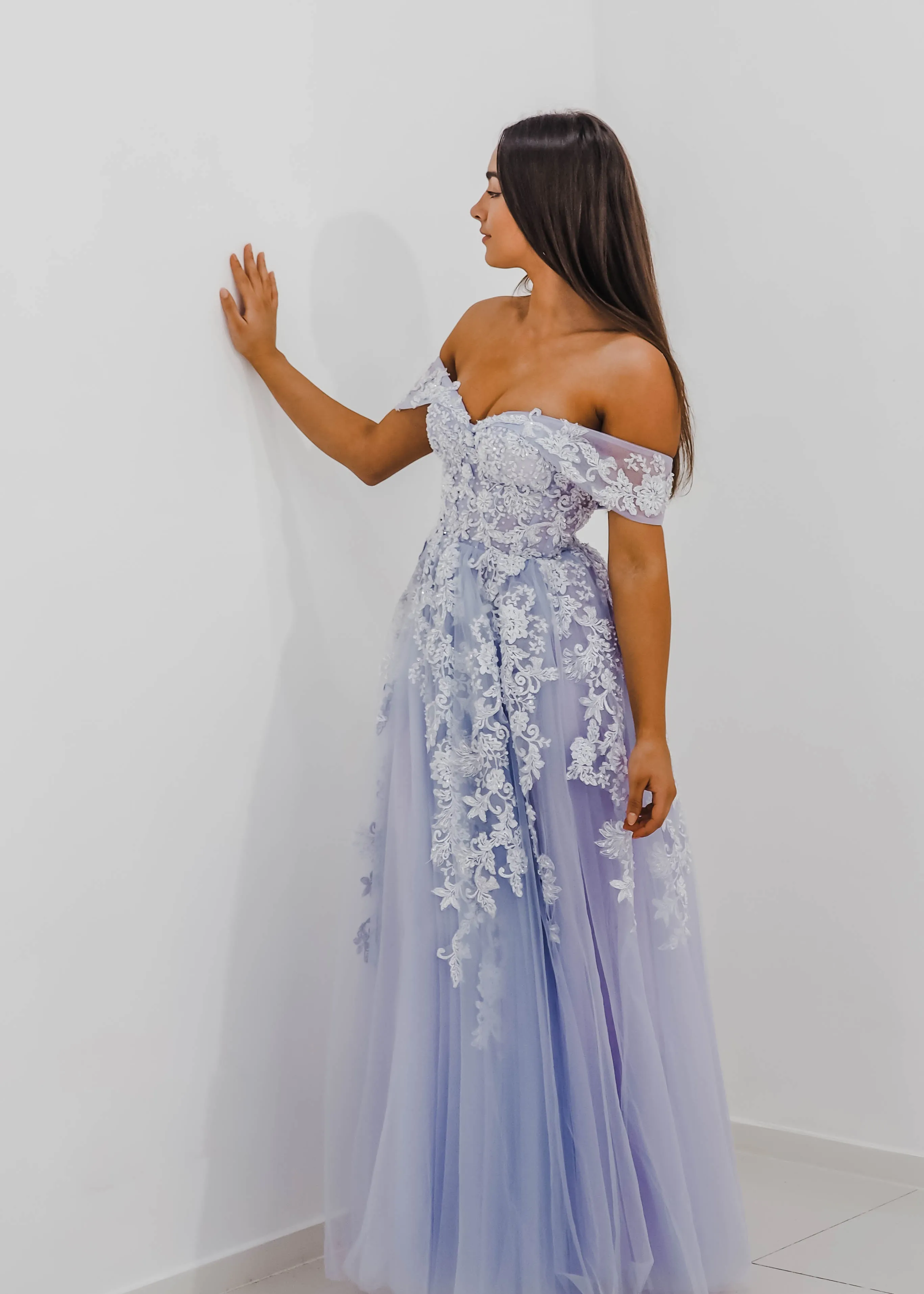 Tanya pastel purple lace princess dress with off the shoulder sleeves for hire