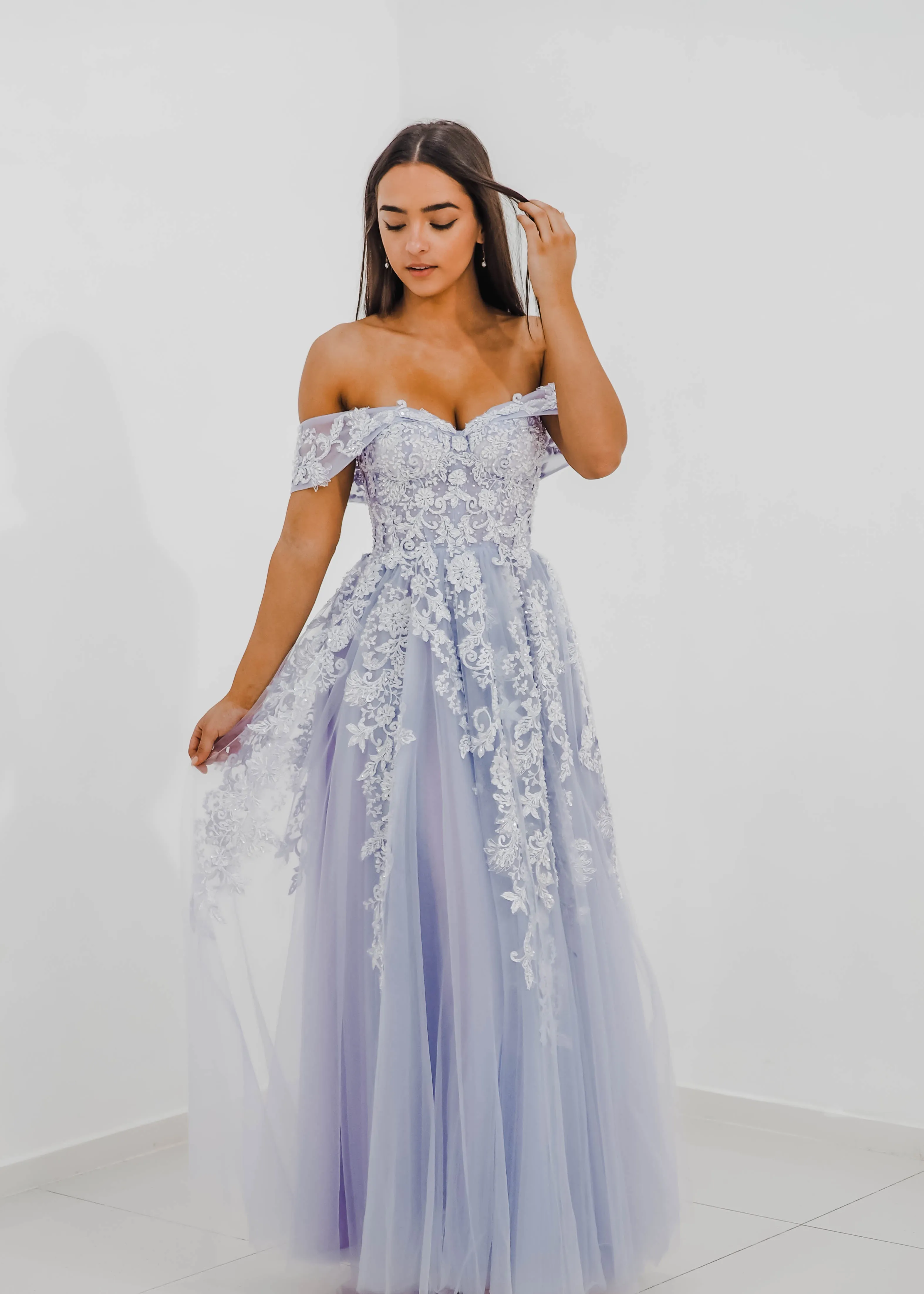 Tanya pastel purple lace princess dress with off the shoulder sleeves for hire