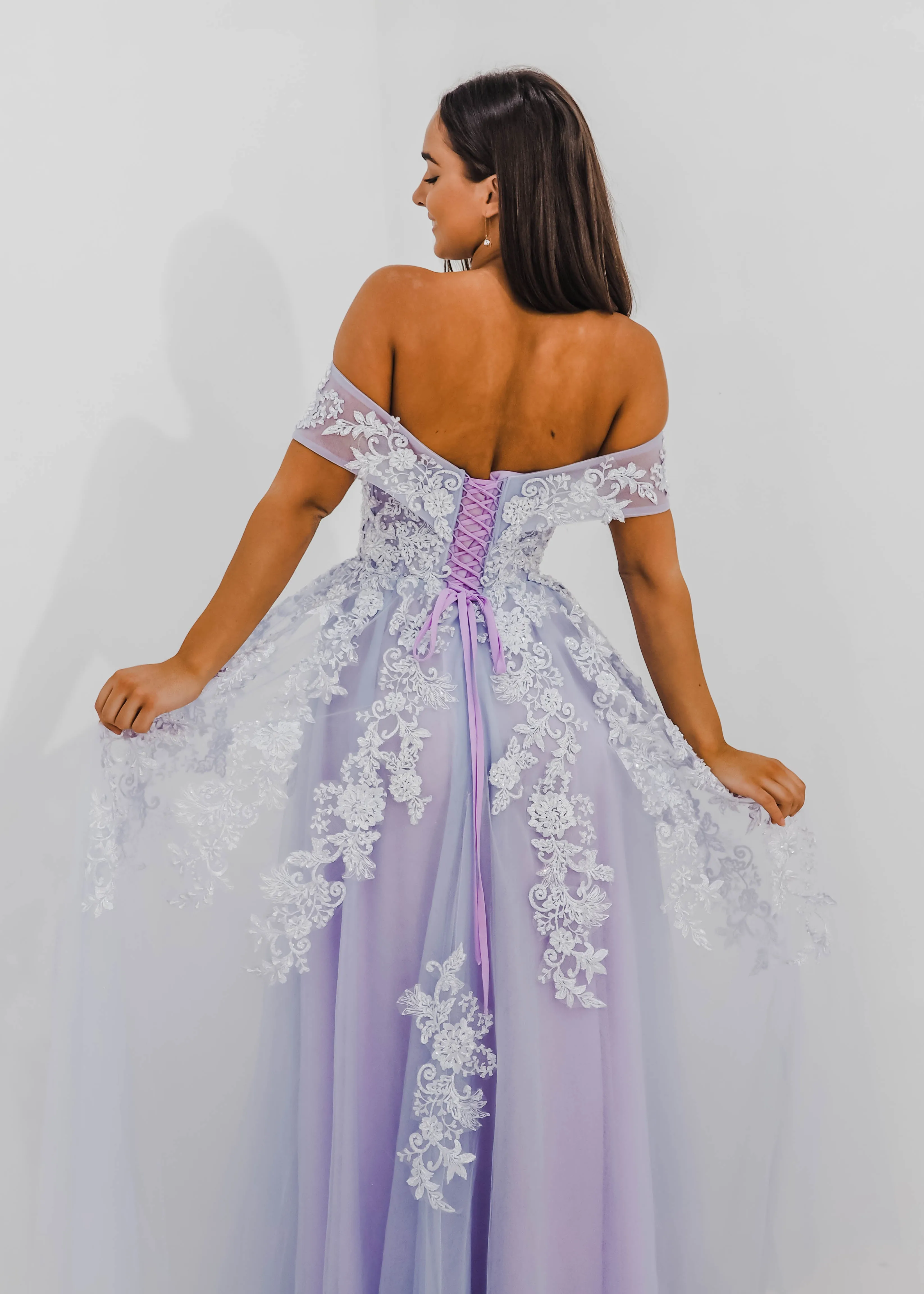 Tanya pastel purple lace princess dress with off the shoulder sleeves for hire