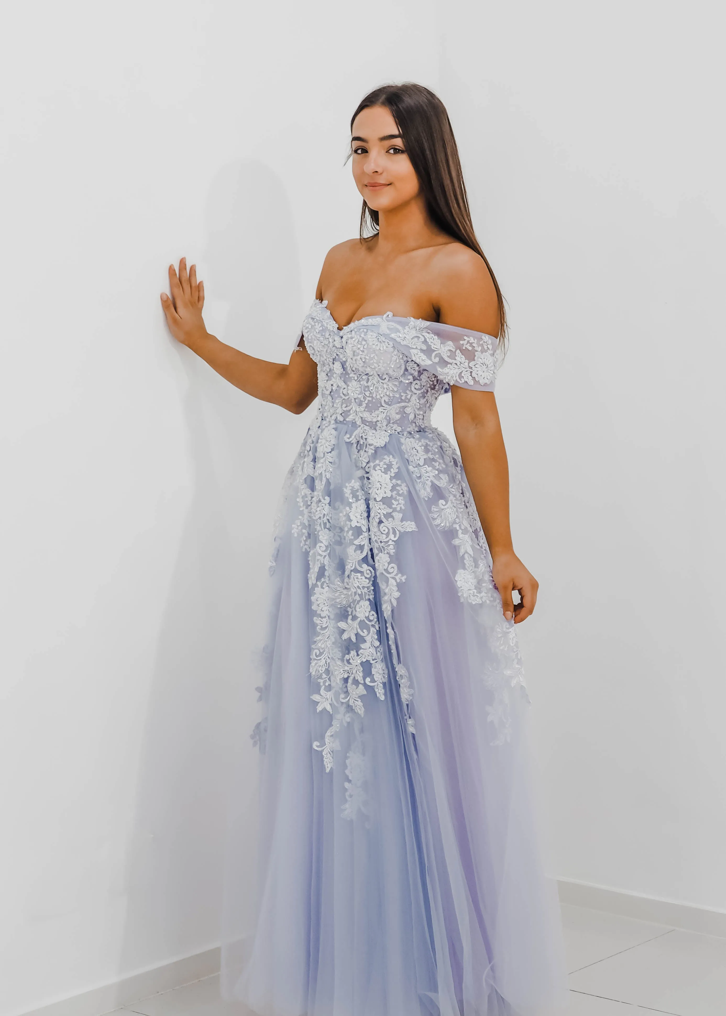 Tanya pastel purple lace princess dress with off the shoulder sleeves for hire