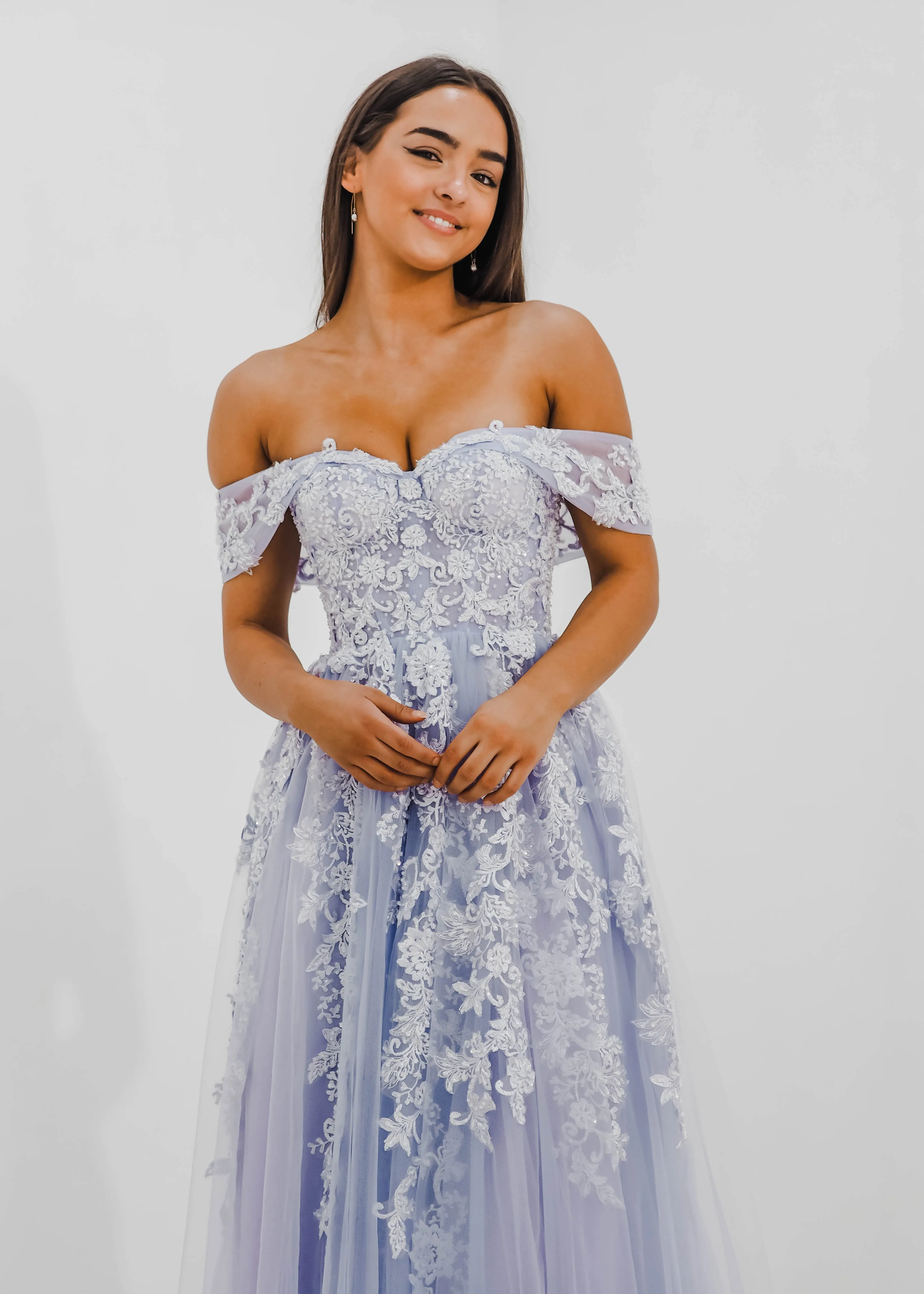 Tanya pastel purple lace princess dress with off the shoulder sleeves for hire