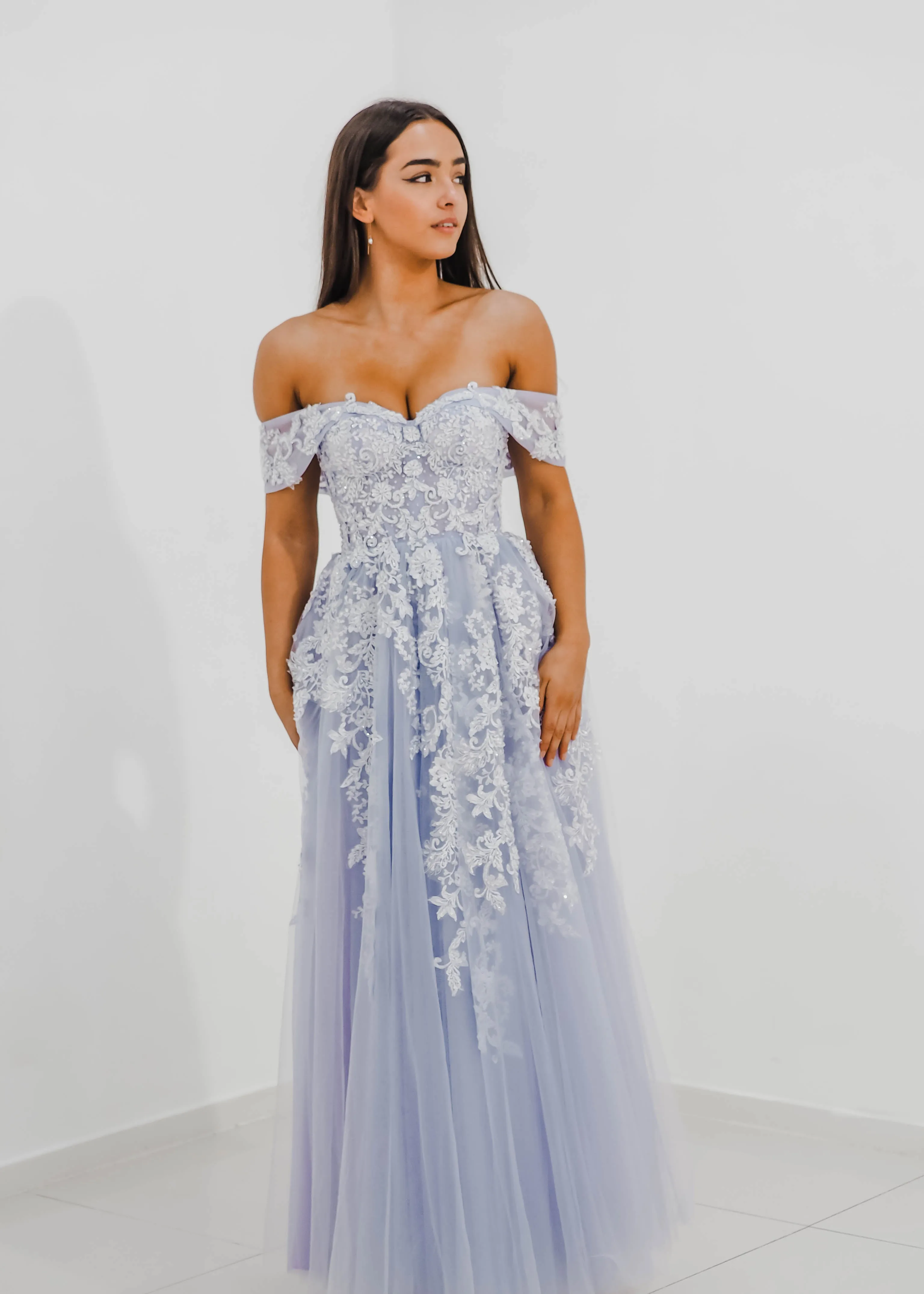 Tanya pastel purple lace princess dress with off the shoulder sleeves for hire