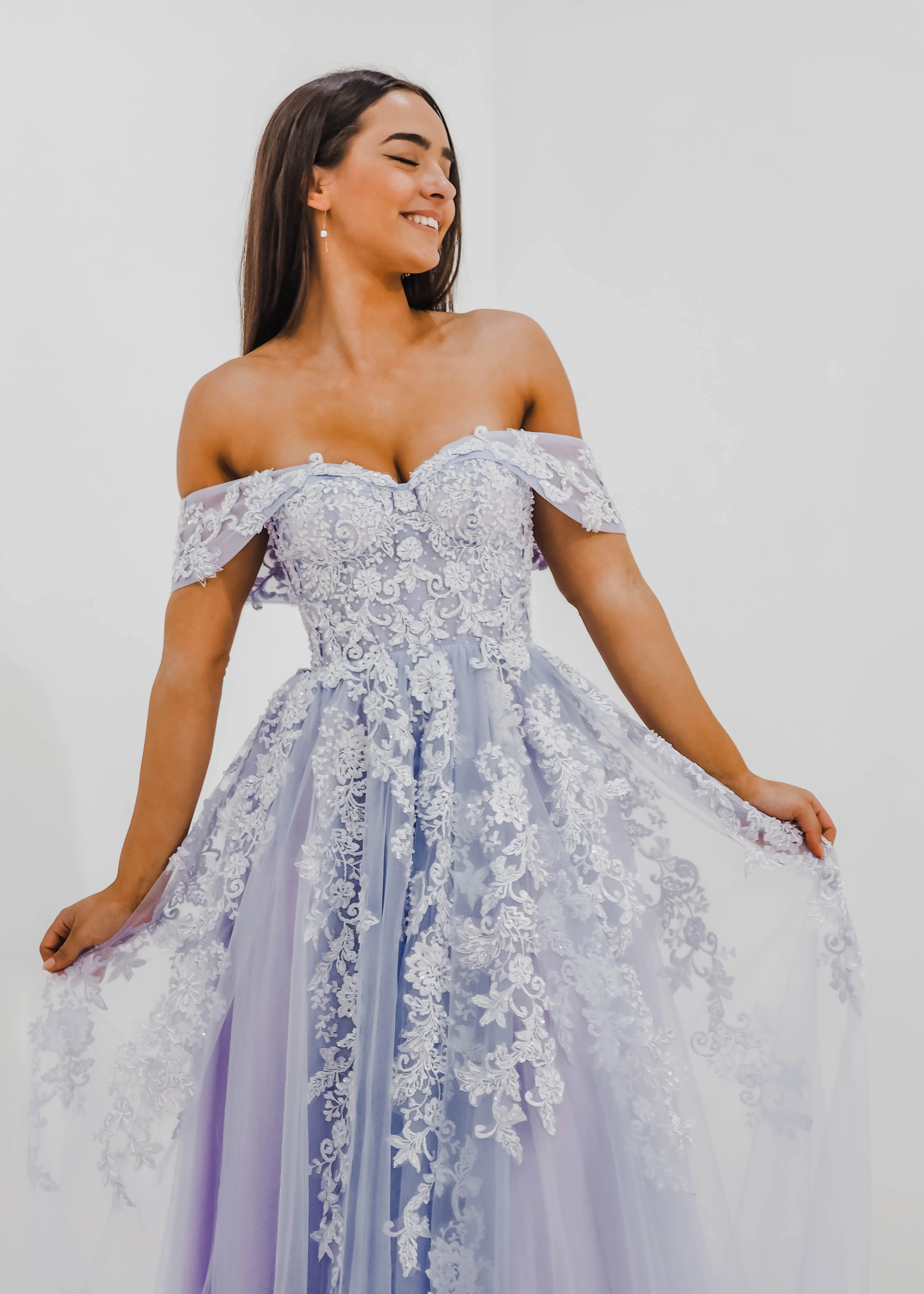 Tanya pastel purple lace princess dress with off the shoulder sleeves for hire