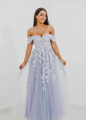 Tanya pastel purple lace princess dress with off the shoulder sleeves for hire