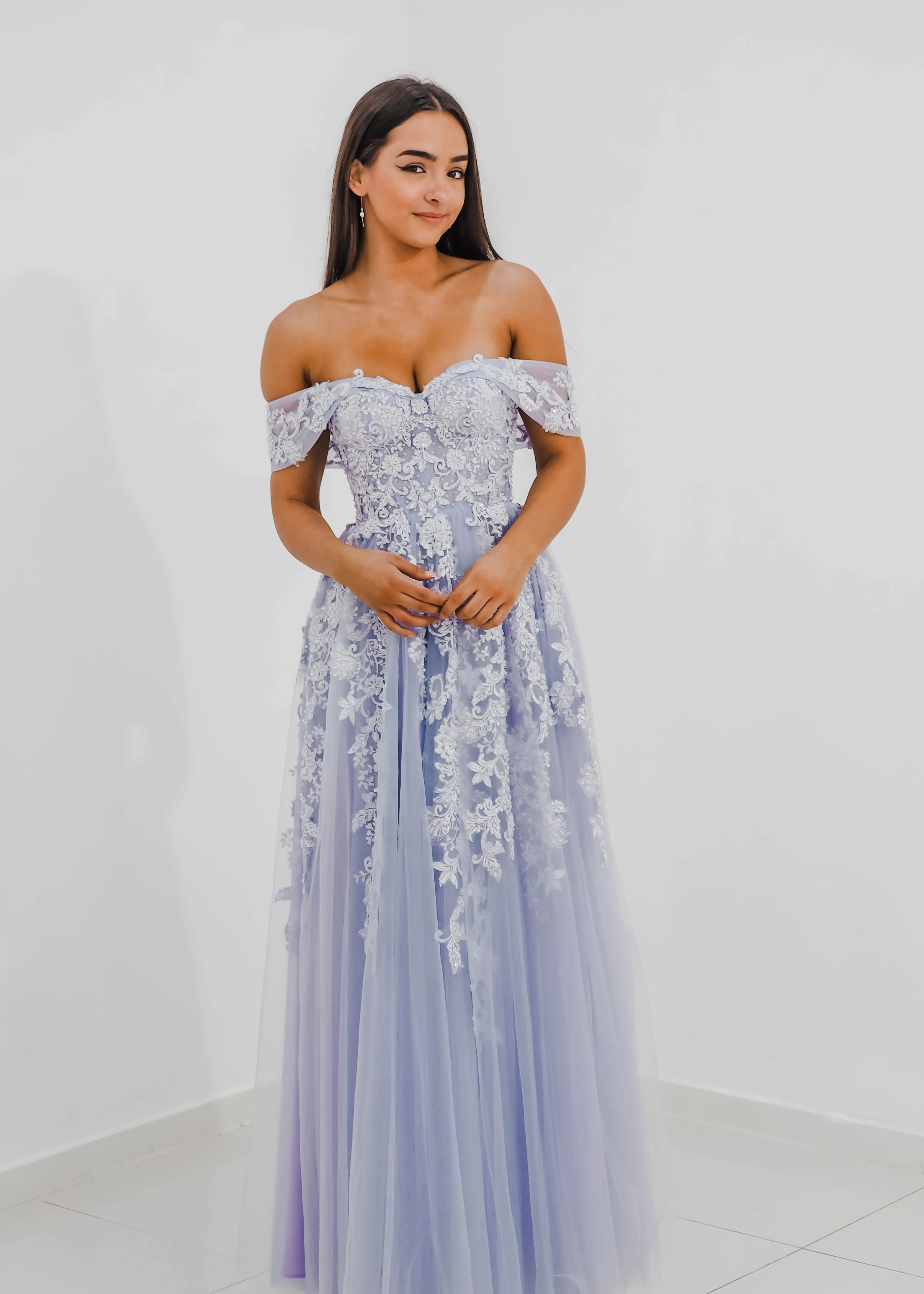 Tanya pastel purple lace princess dress with off the shoulder sleeves for hire