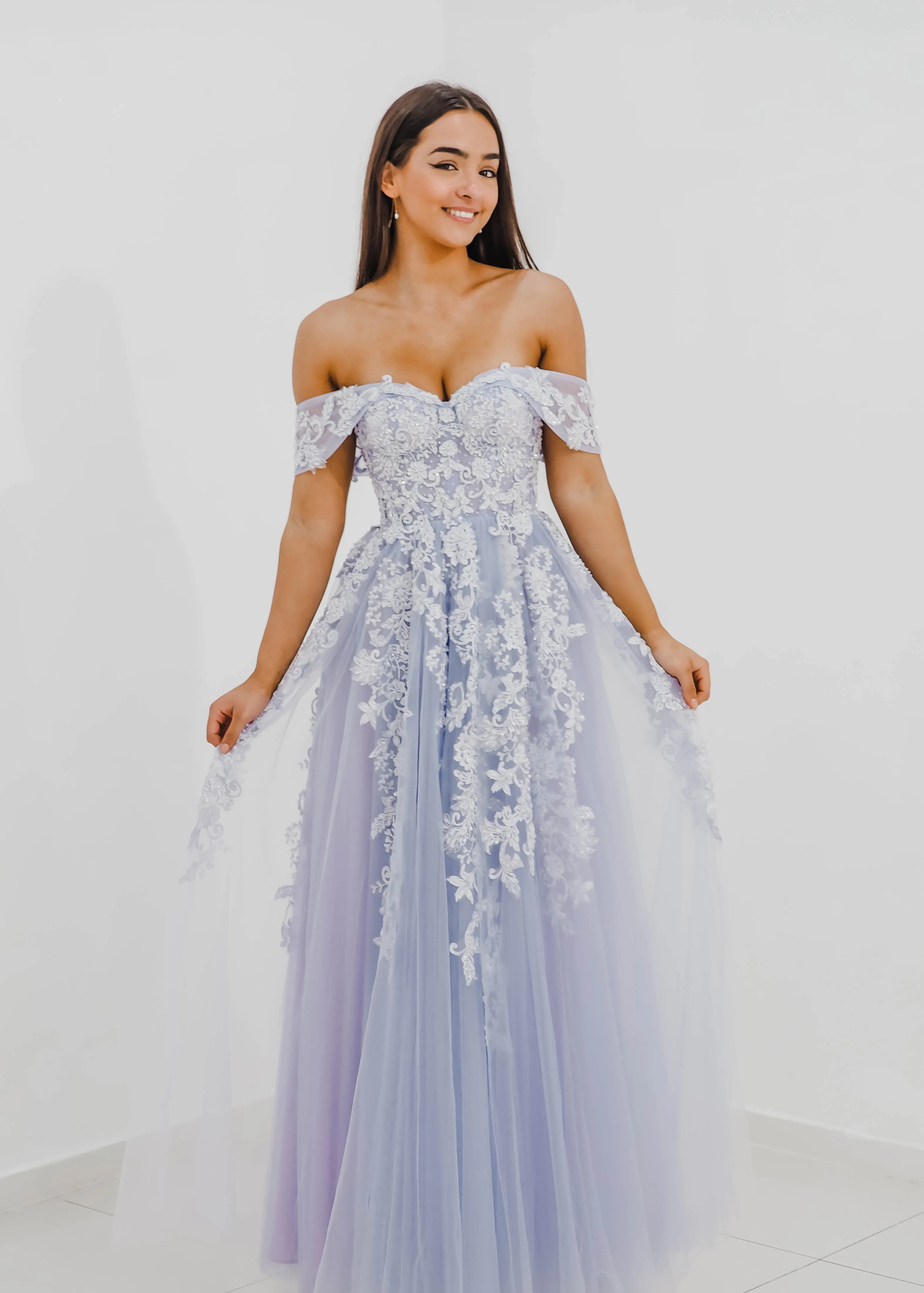Tanya pastel purple lace princess dress with off the shoulder sleeves for hire