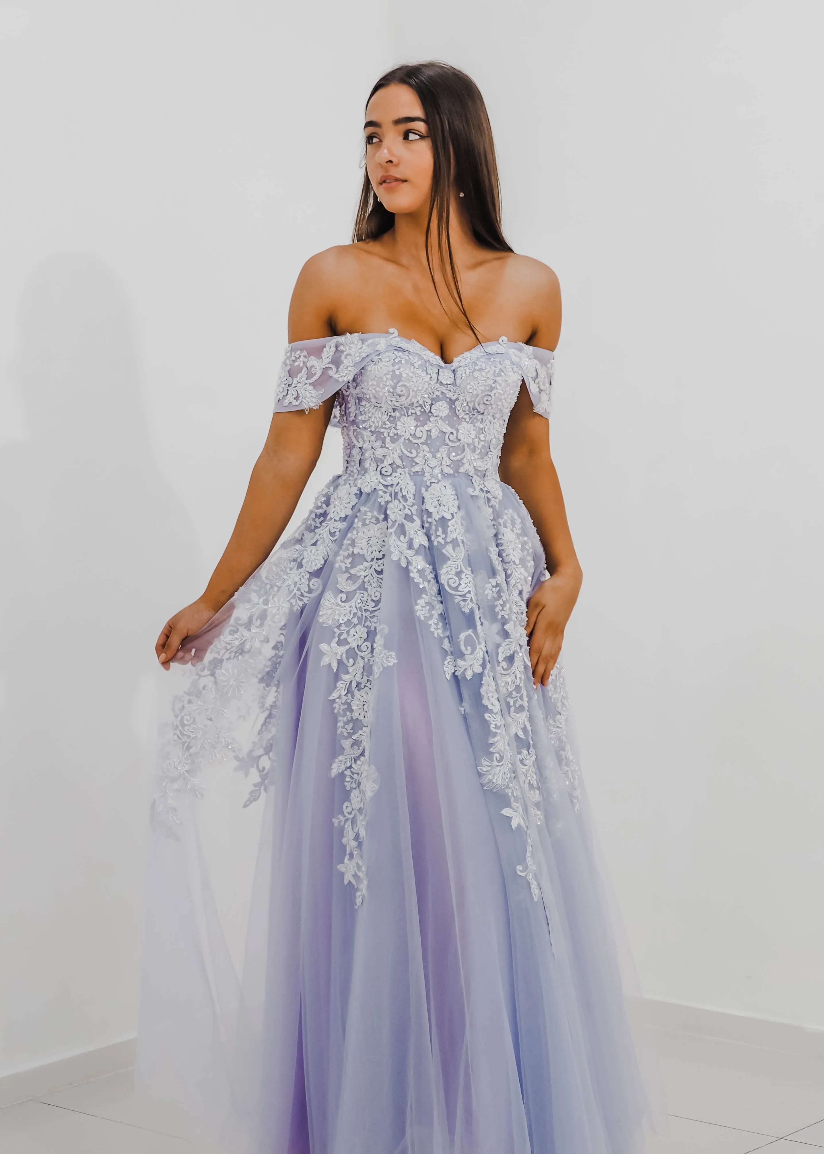 Tanya pastel purple lace princess dress with off the shoulder sleeves for hire