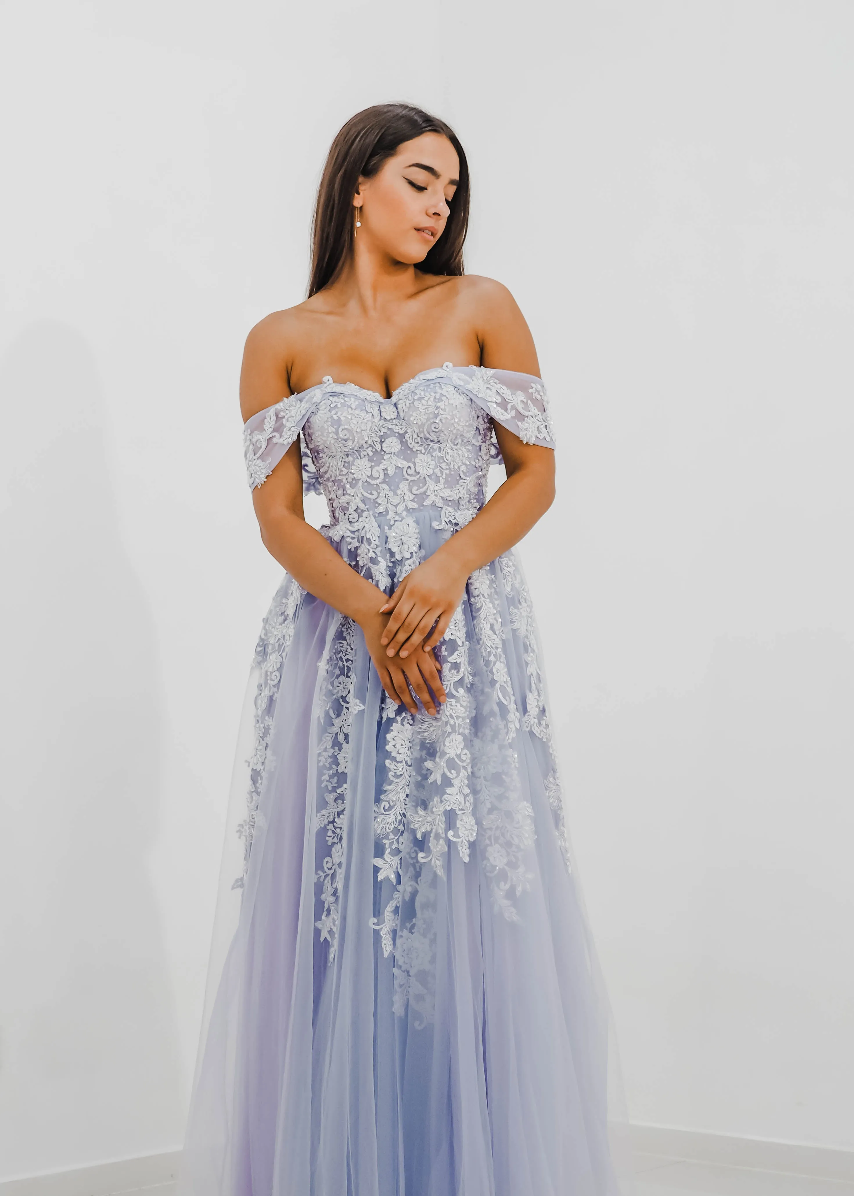Tanya pastel purple lace princess dress with off the shoulder sleeves for hire