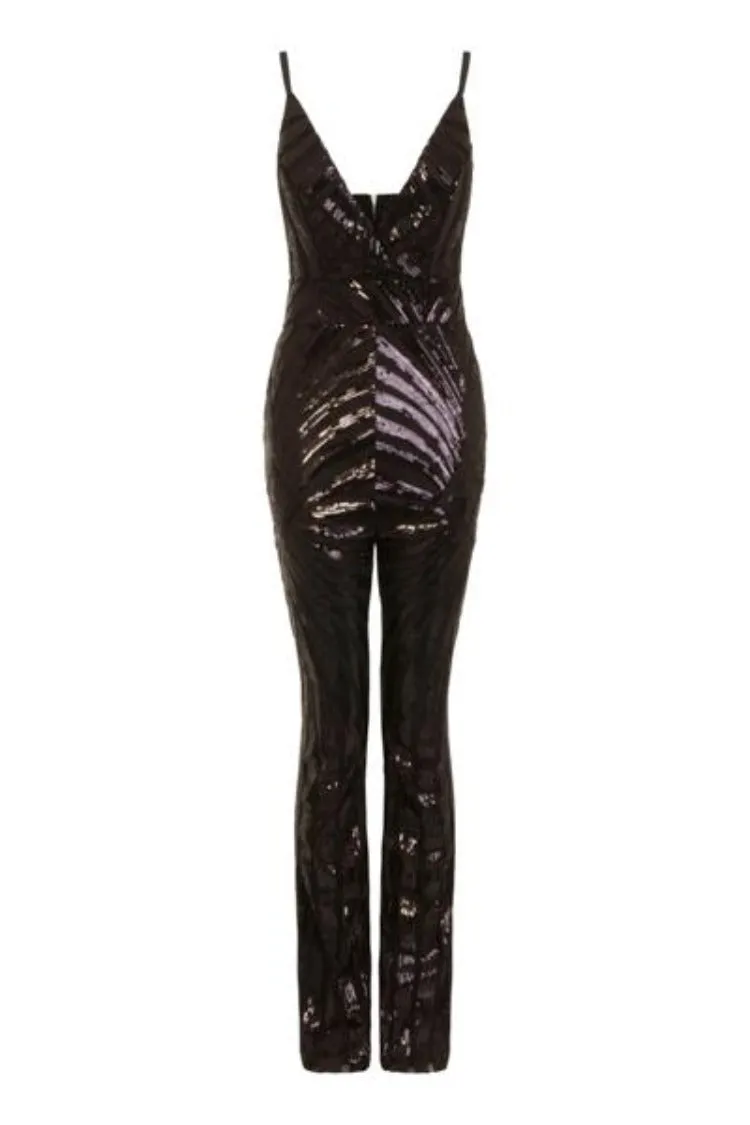 Temptation Black Plunge Sequin Hourglass Illusion Jumpsuit