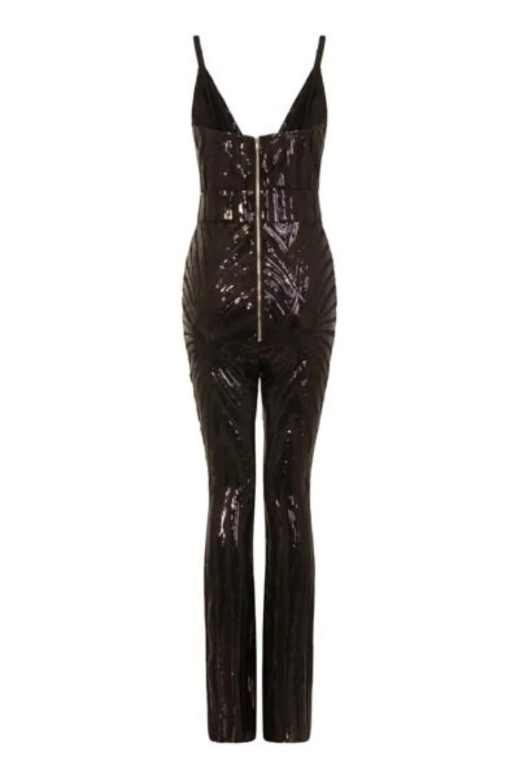 Temptation Black Plunge Sequin Hourglass Illusion Jumpsuit