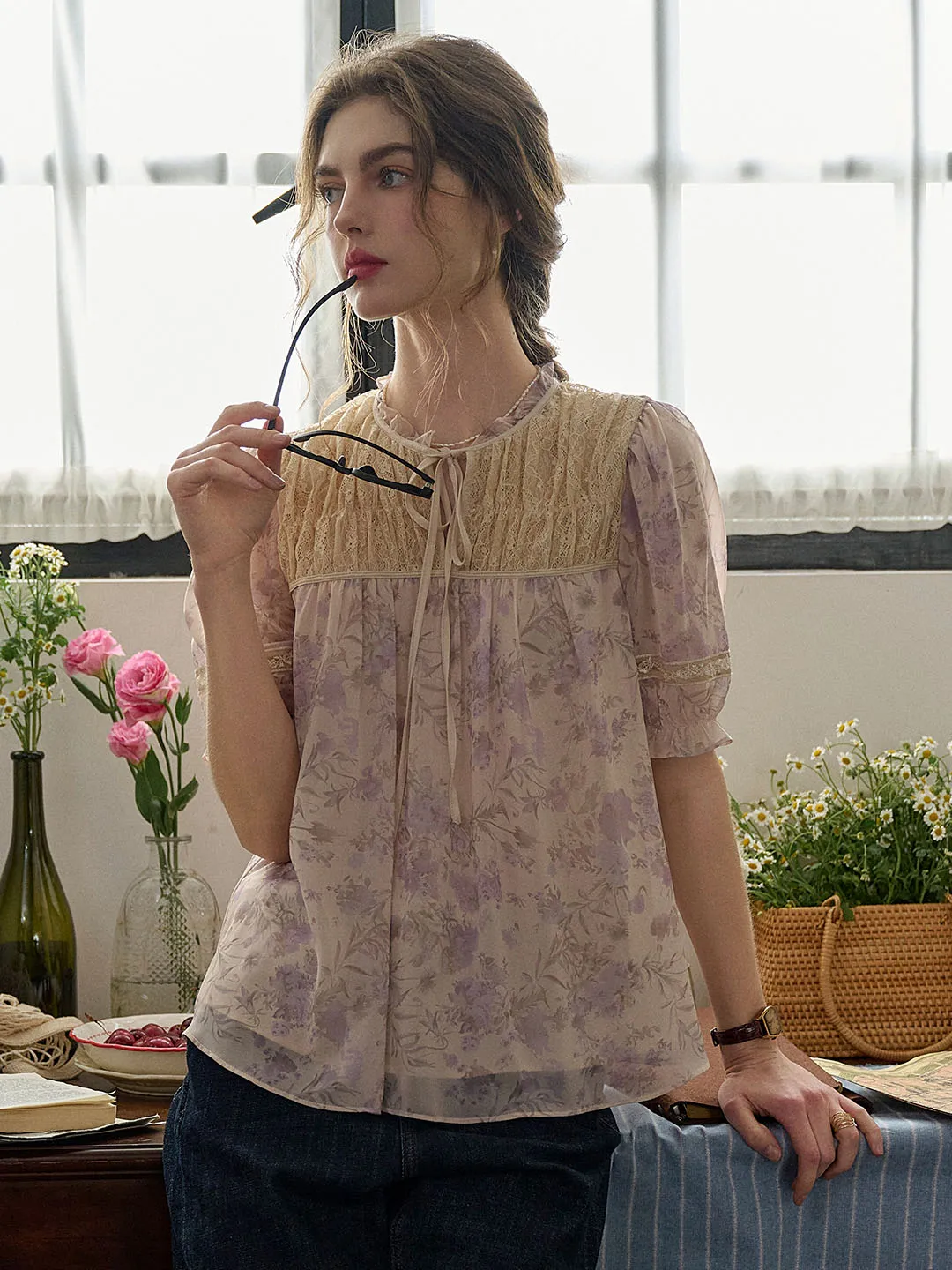 Tessa Bow Lace Floral Print Puff Sleeve Blouse