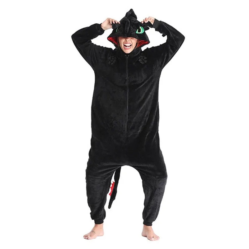 Train Your Dragon Toothless  Kigurumi Women Winter Flannel Animal Onesie Cute Cosplay Sleepwear Jumpsuit Pajamas