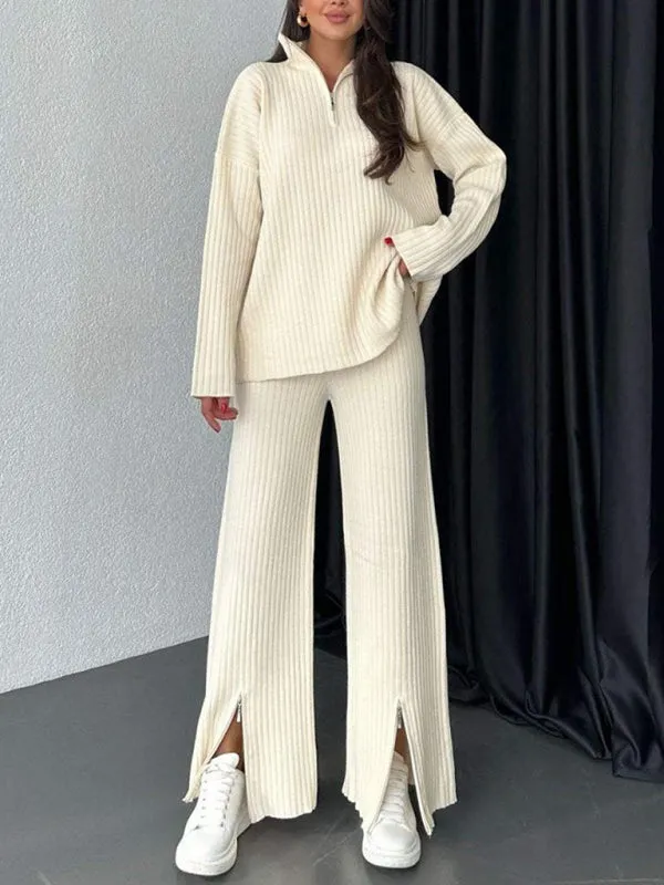 Trendy Zip-Up Ribbed Loungewear Set with Bell Sleeves