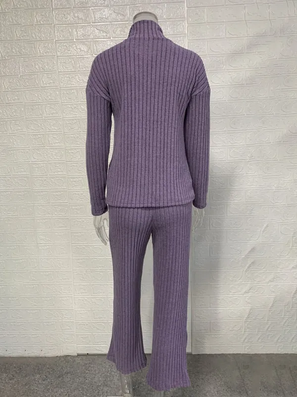 Trendy Zip-Up Ribbed Loungewear Set with Bell Sleeves