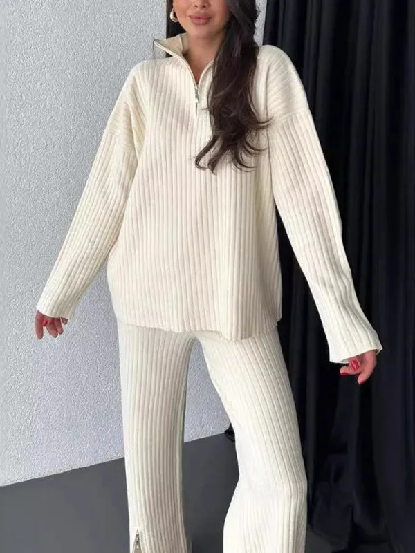 Trendy Zip-Up Ribbed Loungewear Set with Bell Sleeves
