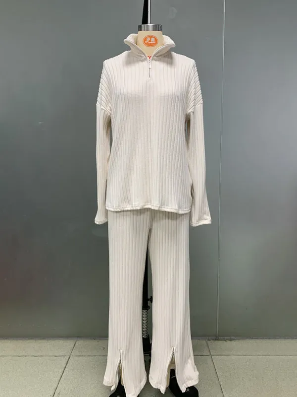 Trendy Zip-Up Ribbed Loungewear Set with Bell Sleeves