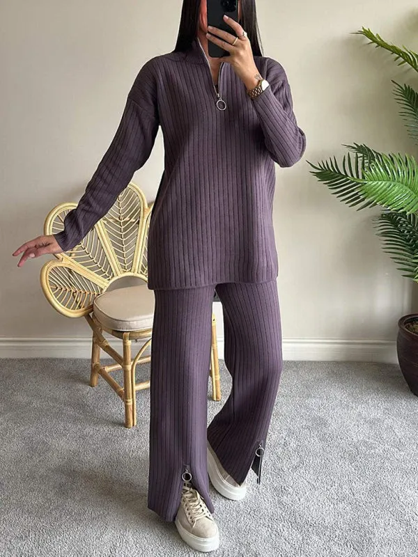 Trendy Zip-Up Ribbed Loungewear Set with Bell Sleeves