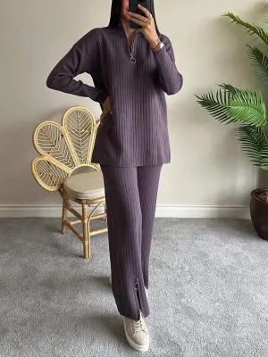 Trendy Zip-Up Ribbed Loungewear Set with Bell Sleeves