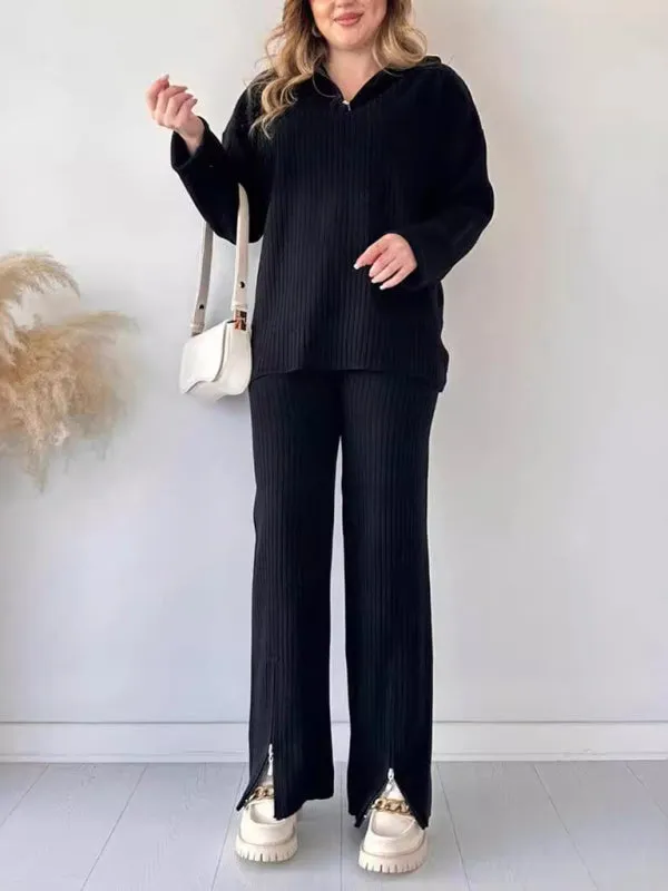 Trendy Zip-Up Ribbed Loungewear Set with Bell Sleeves