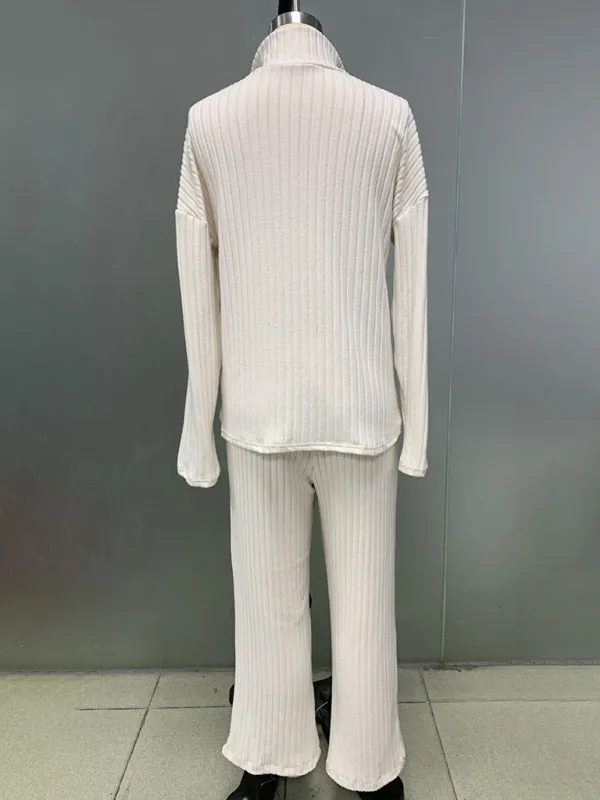 Trendy Zip-Up Ribbed Loungewear Set with Bell Sleeves