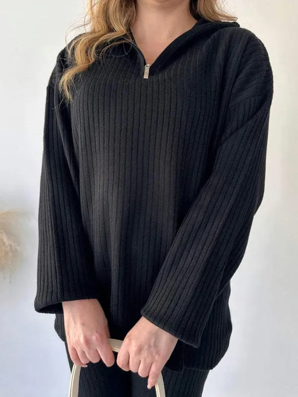 Trendy Zip-Up Ribbed Loungewear Set with Bell Sleeves