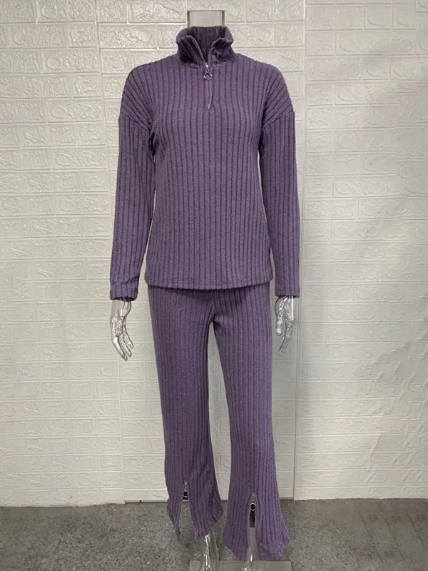 Trendy Zip-Up Ribbed Loungewear Set with Bell Sleeves