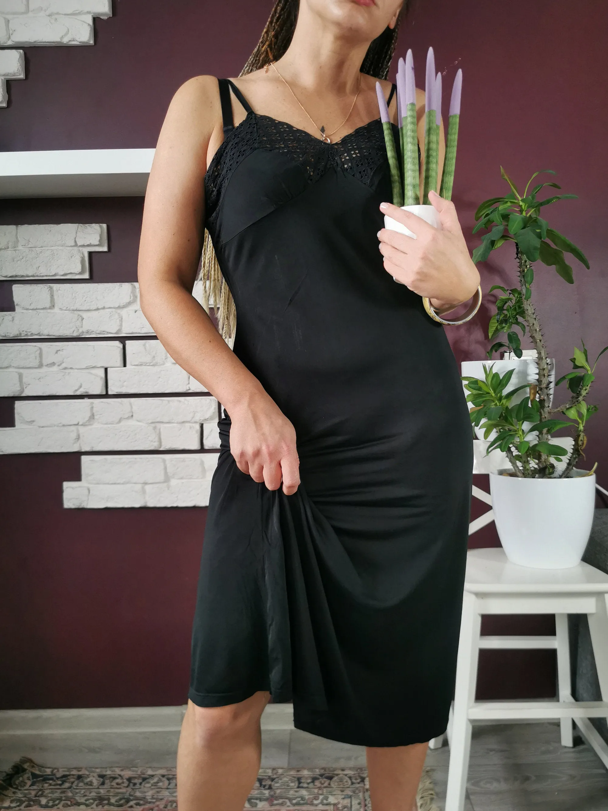 Vintage 80s minimalist underwear midi black slip dress