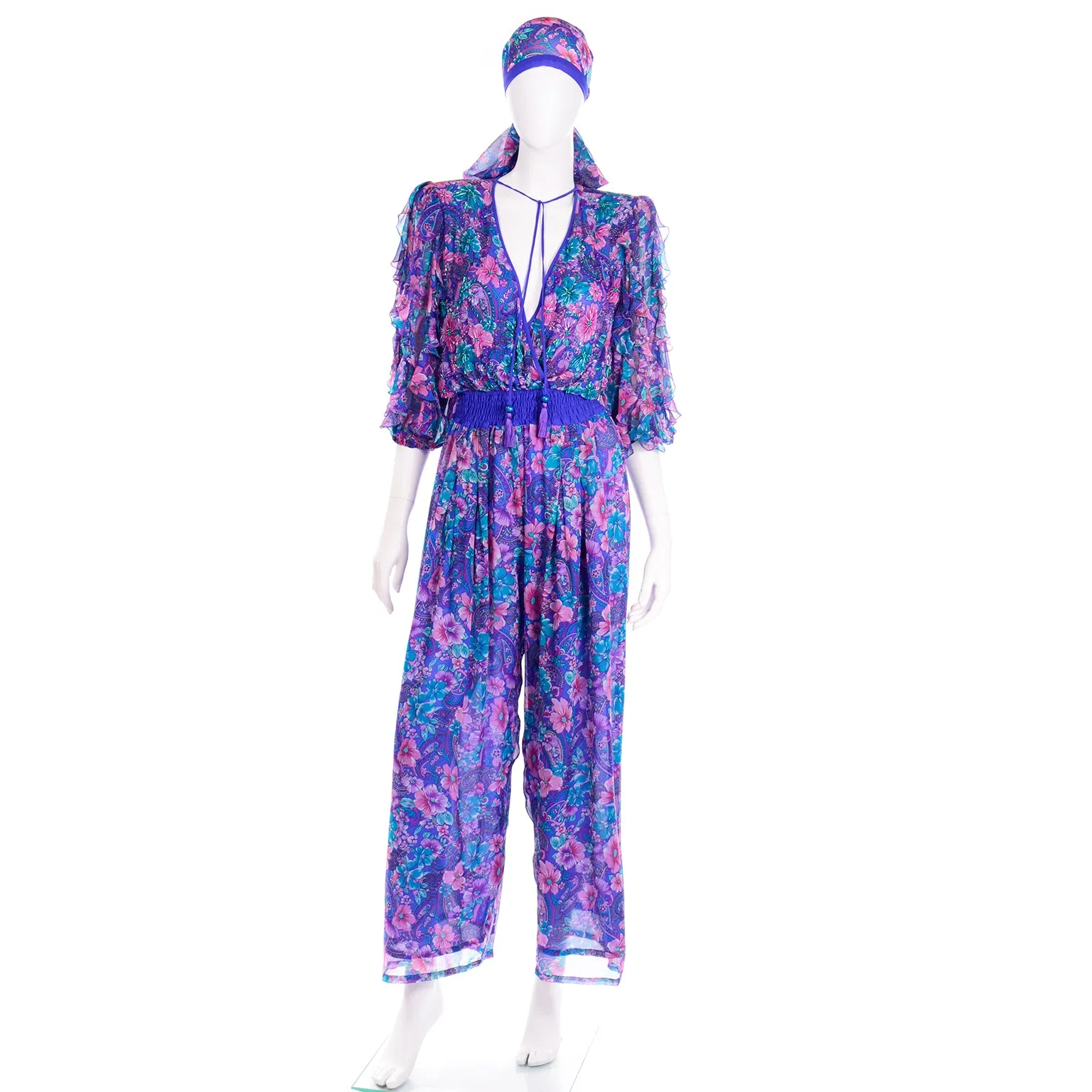 Vintage Diane Freis Floral Silk Jumpsuit With Scarf