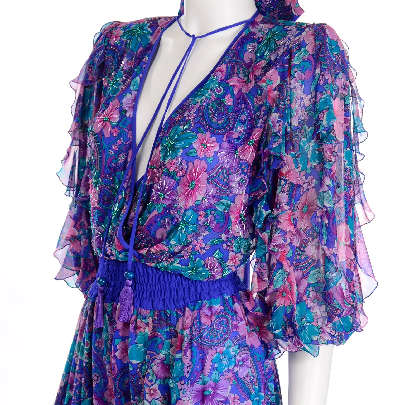 Vintage Diane Freis Floral Silk Jumpsuit With Scarf