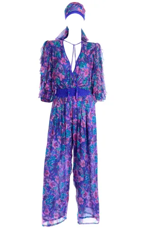 Vintage Diane Freis Floral Silk Jumpsuit With Scarf