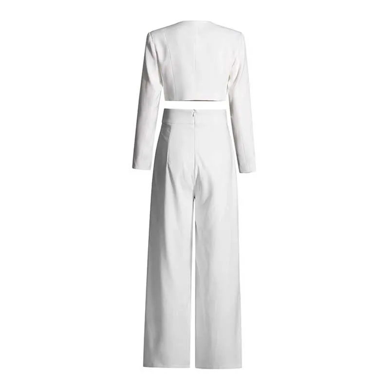 White Blazer Pantsuit Crop Top Coat   Wide Legs 2 Pieces Set
