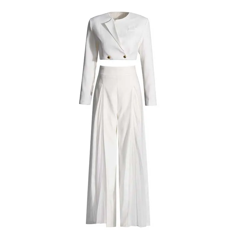 White Blazer Pantsuit Crop Top Coat   Wide Legs 2 Pieces Set