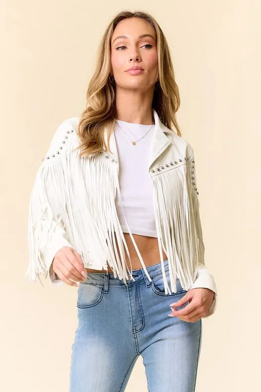 White Pu Silver Studded Fringe Jacket