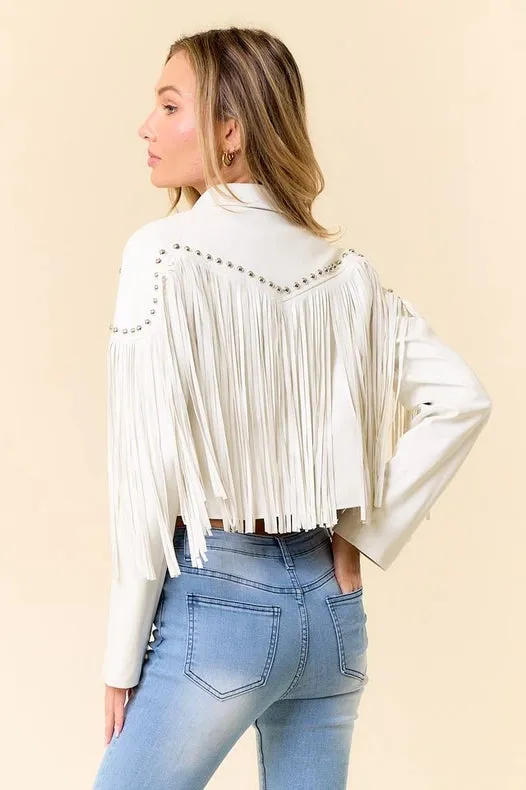 White Pu Silver Studded Fringe Jacket