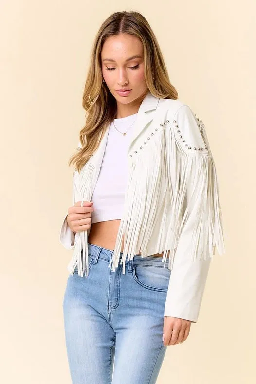 White Pu Silver Studded Fringe Jacket