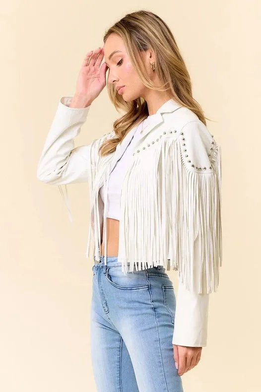 White Pu Silver Studded Fringe Jacket