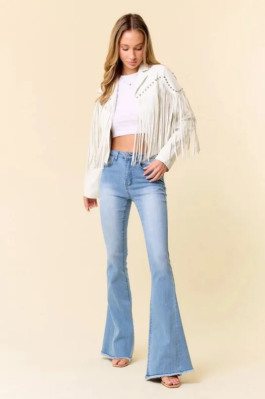 White Pu Silver Studded Fringe Jacket