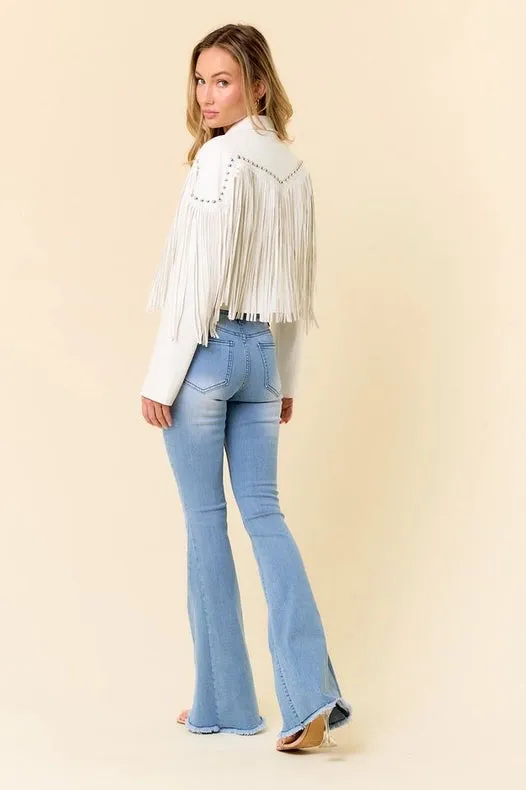White Pu Silver Studded Fringe Jacket