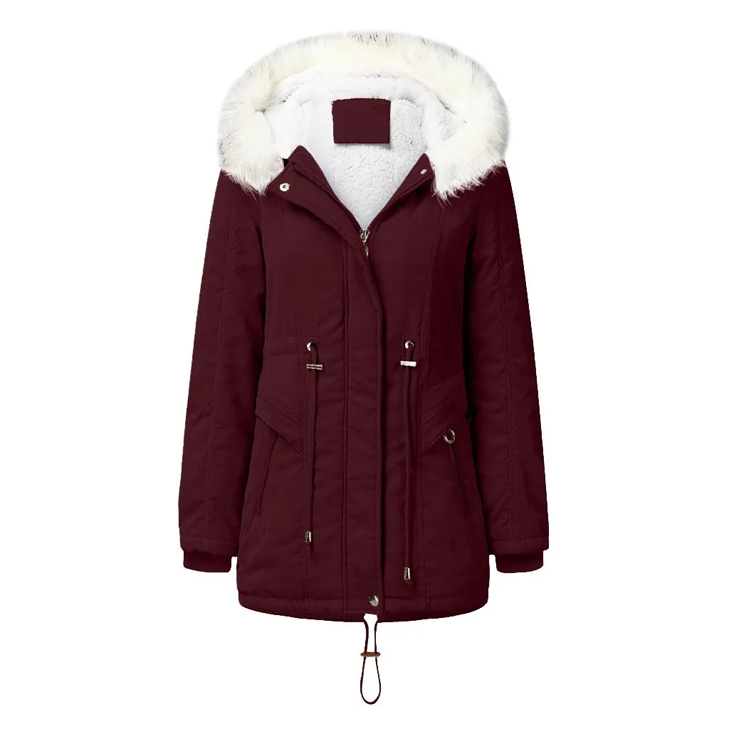 Women's fur collar hooded cotton coat winter warm parka